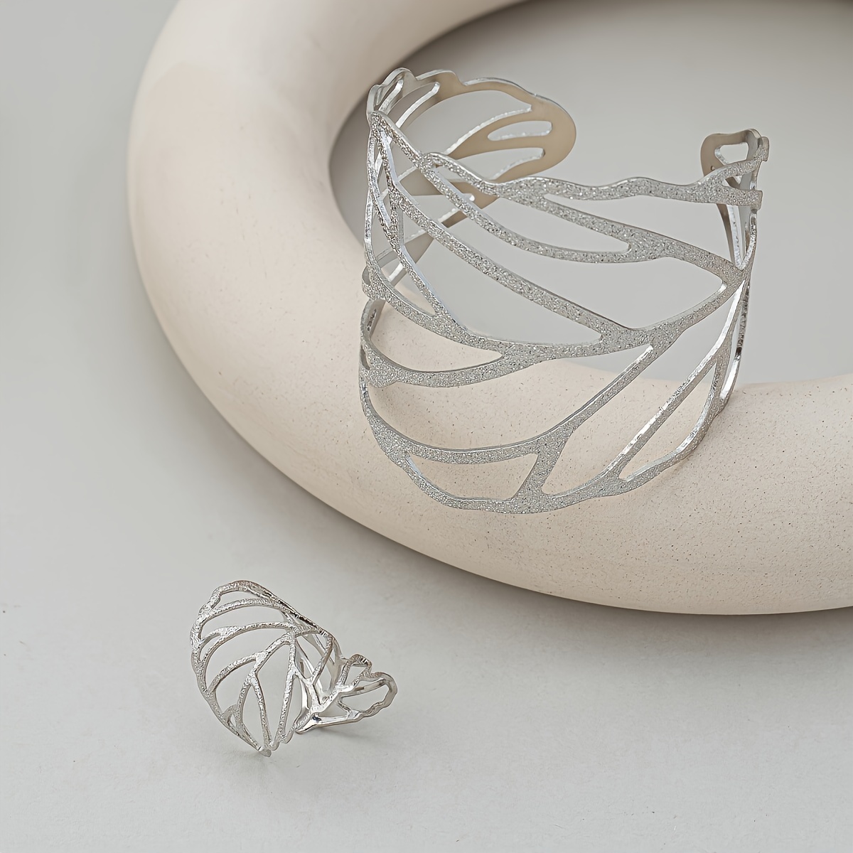 Vintage Leaf Jewelry Set: Cuff Bracelet & Ring Combo